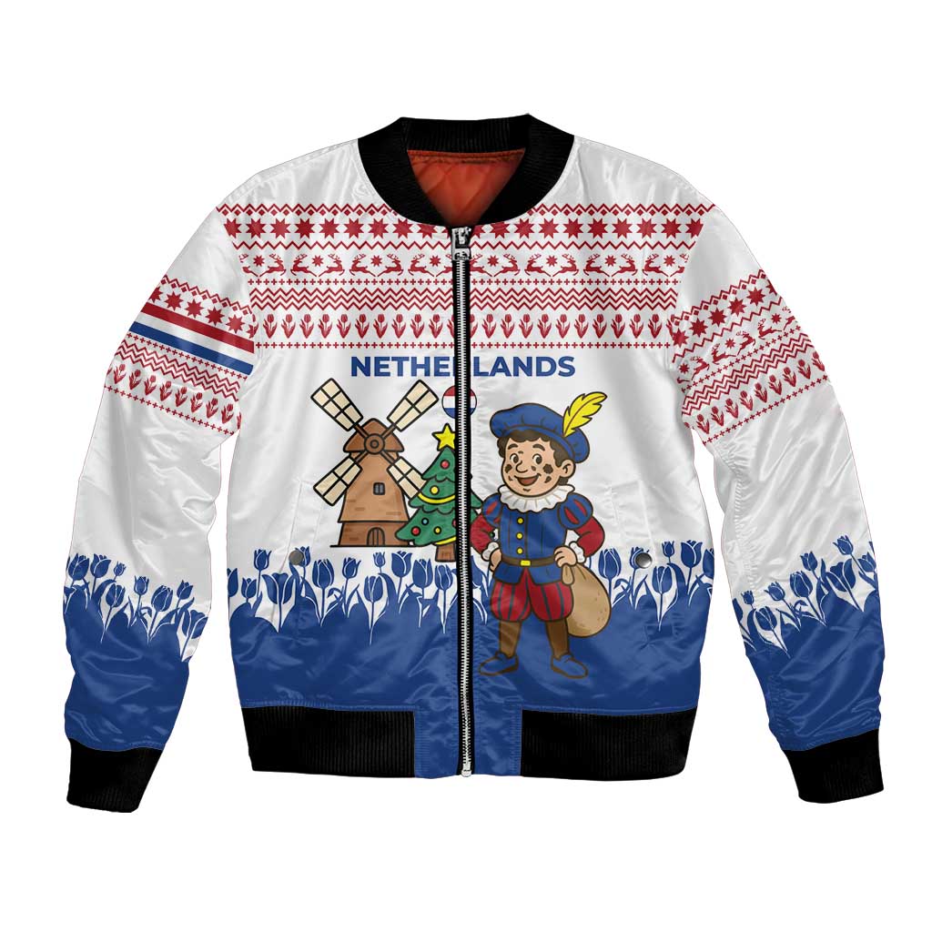 Netherlands Christmas Bomber Jacket with Christmas Tree Windmill Piet Character and Tulip Pattern - Wonder Print Shop