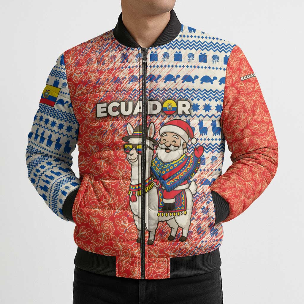 Ecuador Christmas Bomber Puffer Jacket with Santa Riding Llama Traditional Patterns and Rose Design - Wonder Print Shop