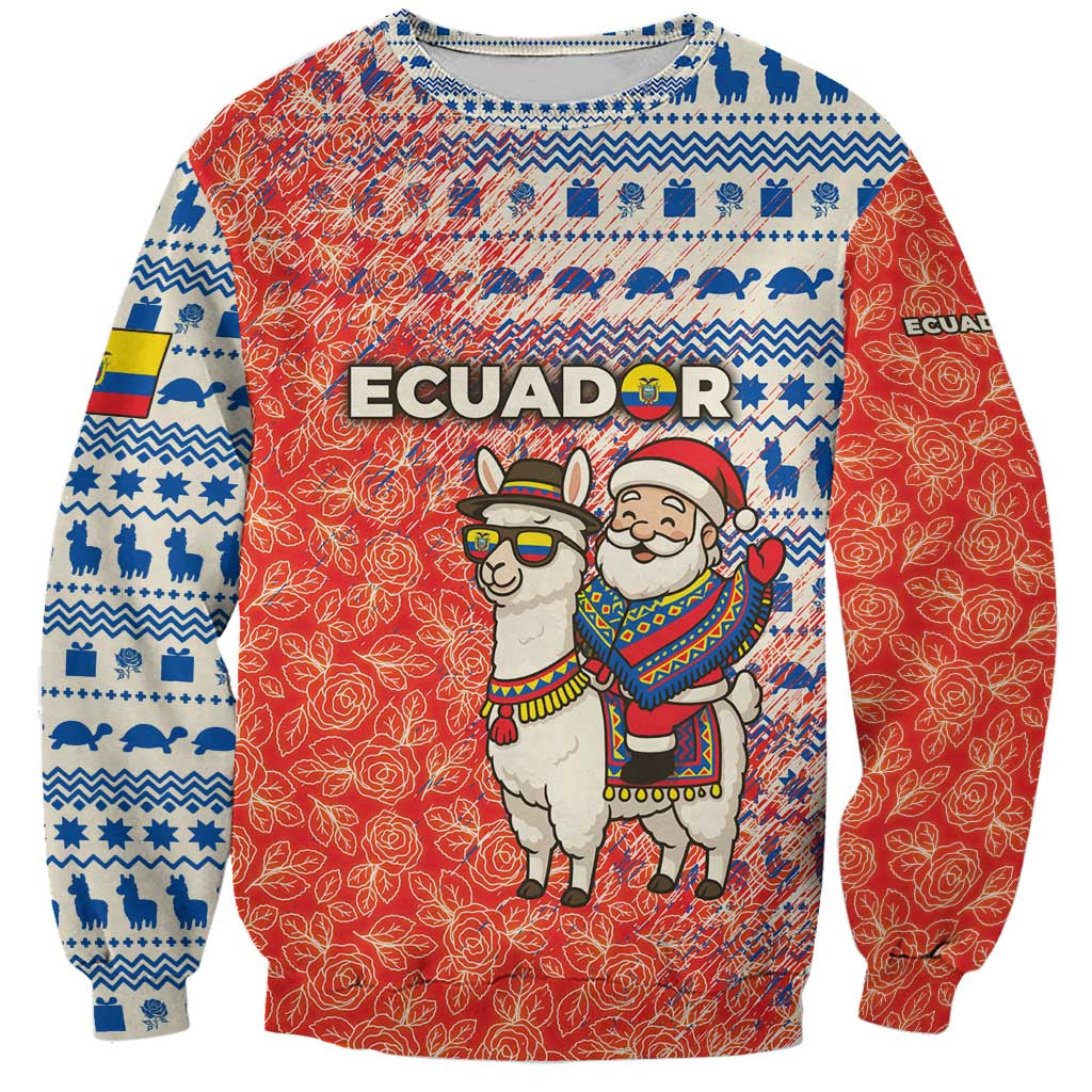 Ecuador Christmas Sweatshirt with Santa Riding Llama Traditional Patterns and Rose Design - Wonder Print Shop