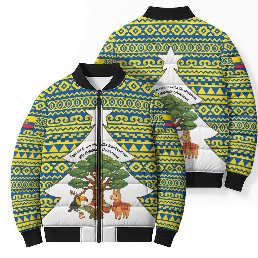 Ecuador Christmas Bomber Puffer Jacket with Ceibo Tree Llama Toucan and Traditional Yellow Blue Pattern Design - Wonder Print Shop