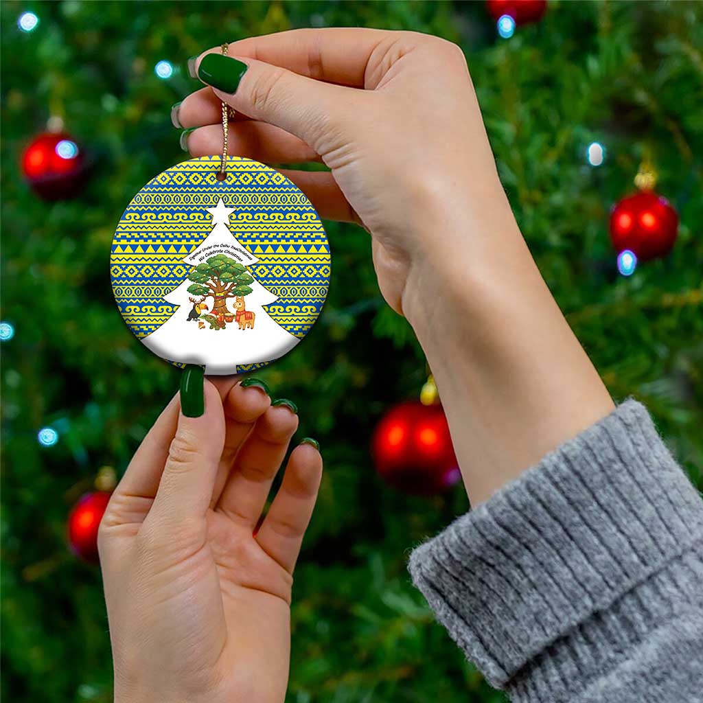 Ecuador Christmas Ceramic Ornament with Ceibo Tree Llama Toucan and Traditional Yellow Blue Pattern Design - Wonder Print Shop