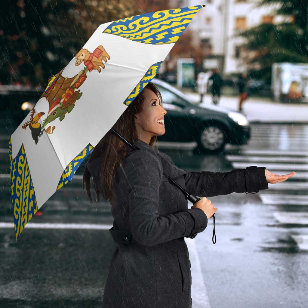 Ecuador Christmas Umbrella with Ceibo Tree Llama Toucan and Traditional Yellow Blue Pattern Design - Wonder Print Shop