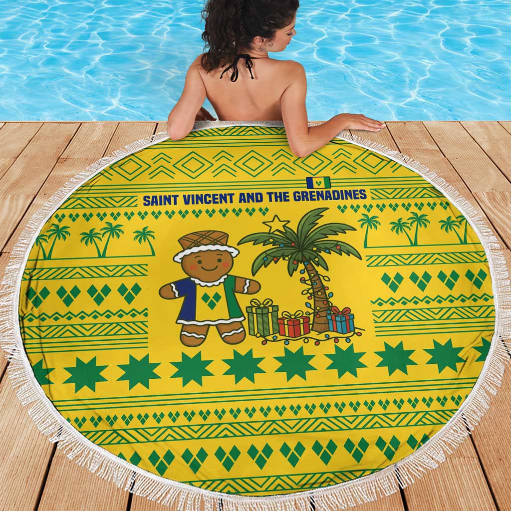 Saint Vincent and the Grenadines Christmas Beach Blanket with Gingerbread Boy Palm Tree and Traditional Pattern - Wonder Print Shop