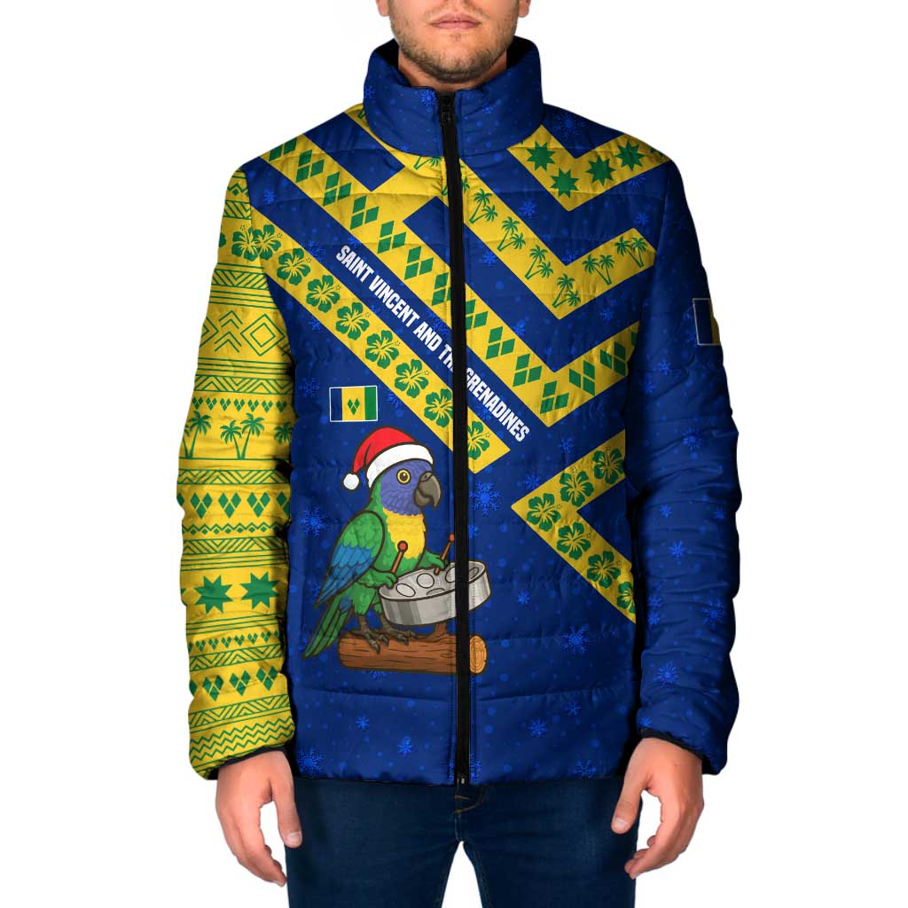 Saint Vincent and the Grenadines Christmas Padded Jacket with Parrot Playing Steelpan and Tropical Pattern Design - Wonder Print Shop