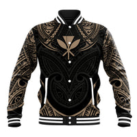 Unisex black varsity baseball jacket with gold Polynesian-style tattoo print, snap buttons