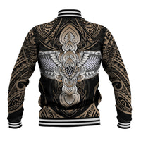Unisex black baseball jacket with large silver back tattoo graphic, striped ribbed collar