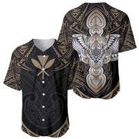 Black baseball jersey pair showing front and back Polynesian tattoo-style prints, button-up.