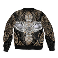 Unisex bomber jacket back with large Polynesian-style tattoo graphic, gold and gray