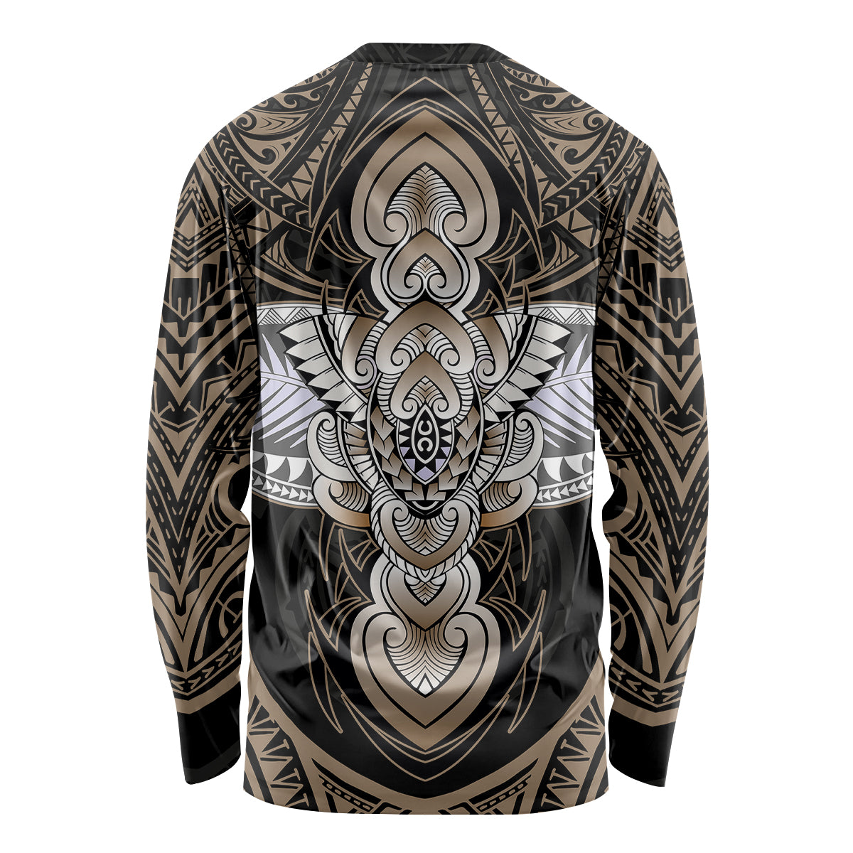 Unisex long sleeve tattoo graphic shirt with black-and-gold back print and detailed ornaments