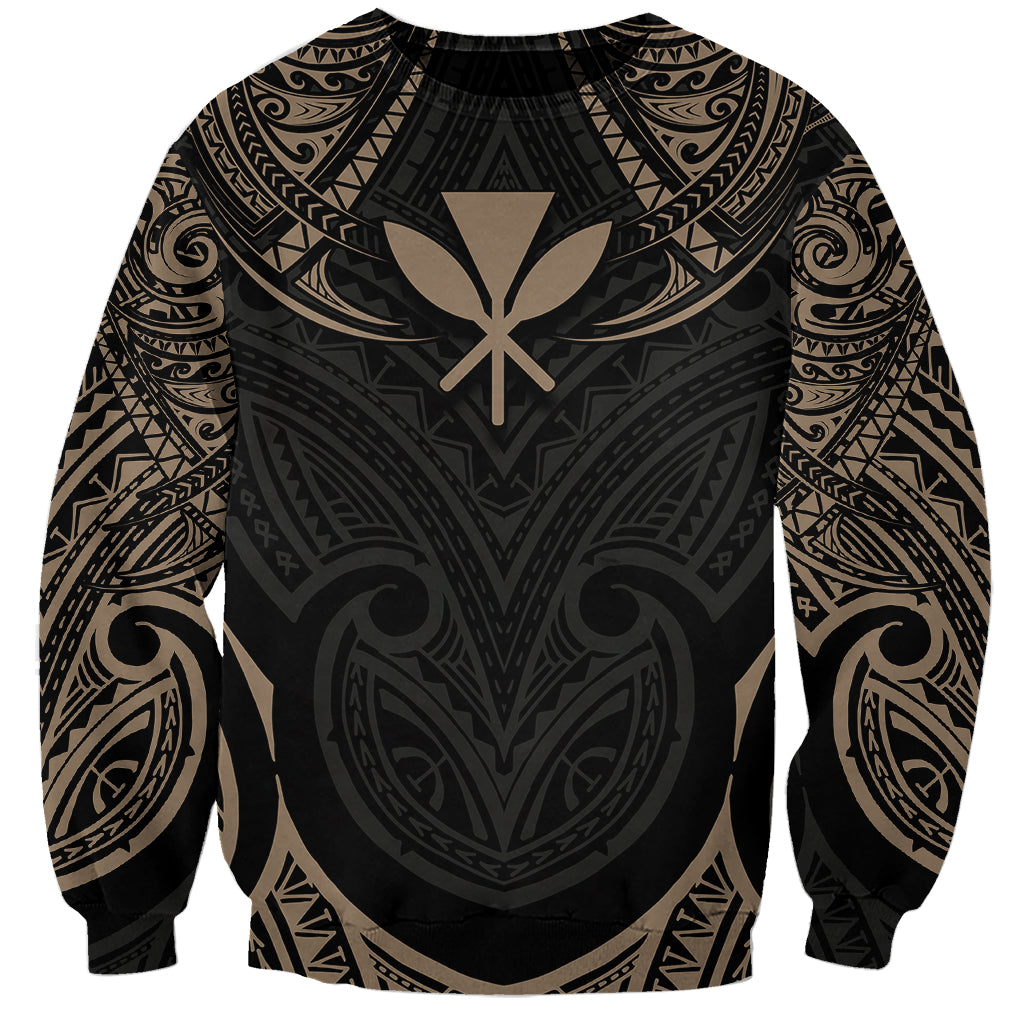 Unisex black sweatshirt with Polynesian-style gold and gray tattoo graphic, crew neck