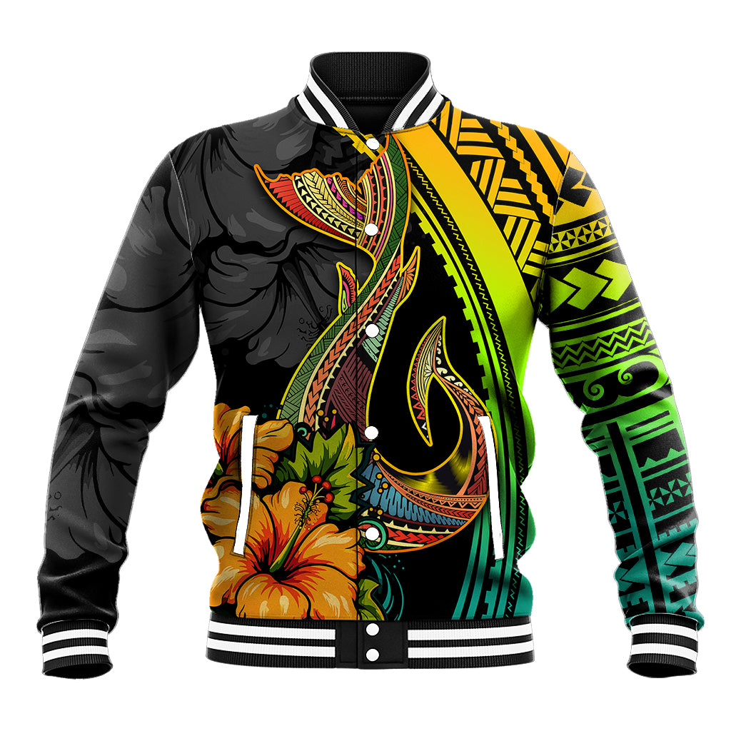 Multicolor gradient baseball jacket with black sleeves, ribbed collar, and fish hook graphic