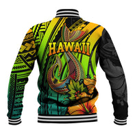 Multicolor back view baseball jacket with 'HAWAI'I' text, fish hook and hibiscus prints