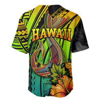 Baseball jersey back with bold HAWAII text, fish-hook motifs, multicolor floral pattern