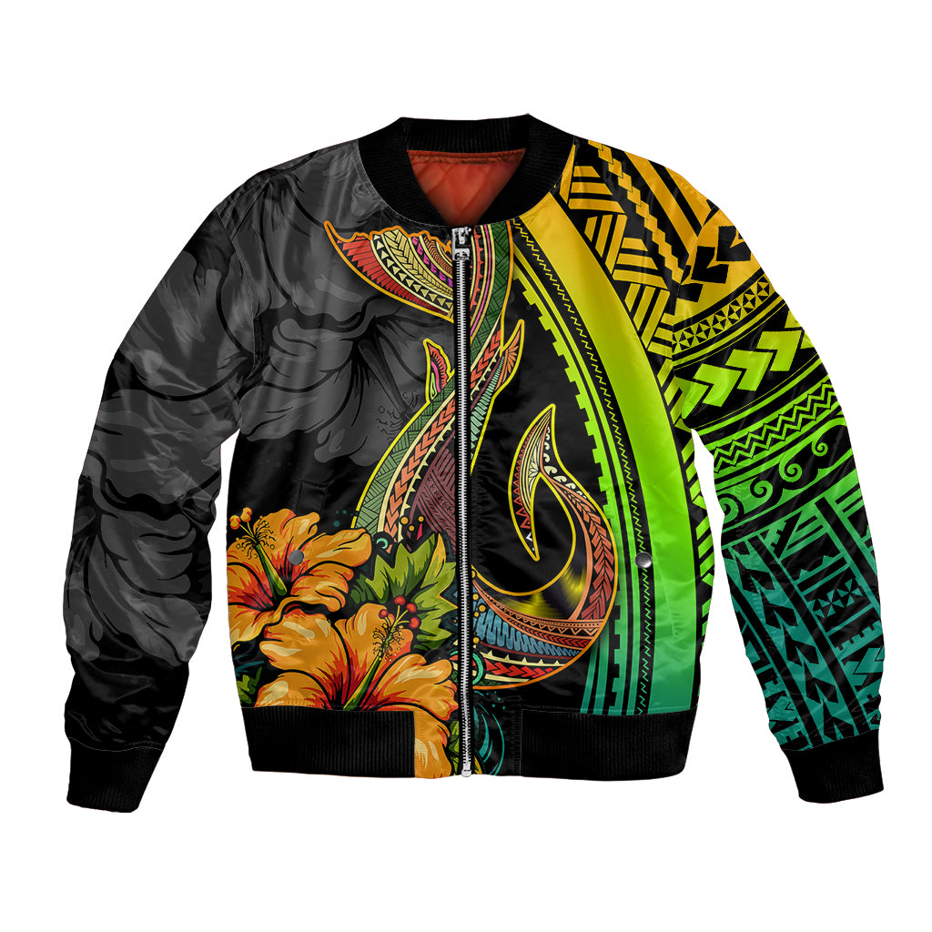Unisex bomber jacket with black sleeves and multicolor hibiscus, fish-hook gradient art