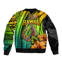 Multicolor bomber jacket with 'HAWAI'I' text, hibiscus flowers, fish-hook motif on back