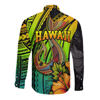 Unisex long-sleeve button shirt, black-to-green/yellow back print with HAWAII fish hook