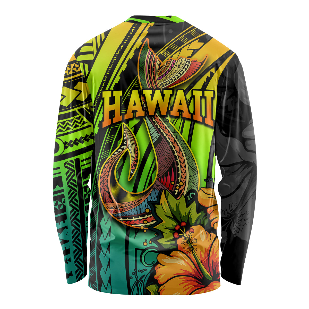 Unisex long-sleeve shirt with HAWAII text, fish hook & hibiscus floral gradient back