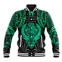 Unisex baseball jacket in black with green tiki front print, striped rib collar