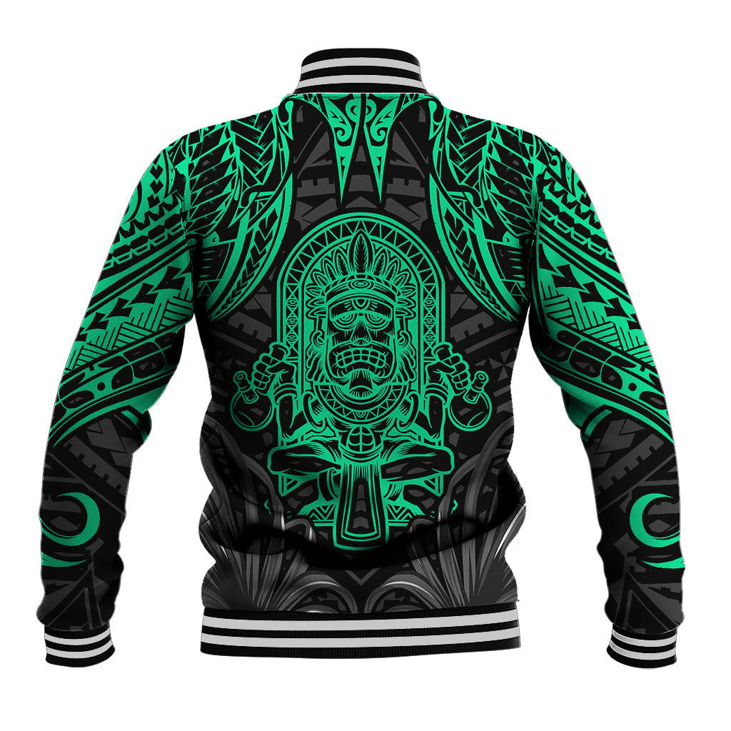 Unisex baseball jacket in black with green tiki back graphic, striped rib cuffs