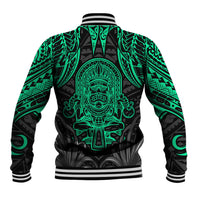 Unisex baseball jacket in black with green tiki back graphic, striped rib cuffs