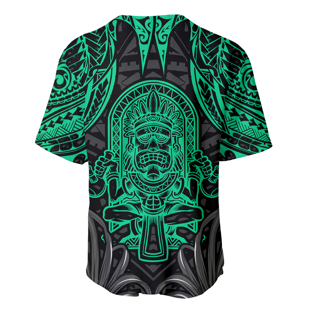 Black and green abstract tiki baseball jersey with large central totem face and V-neck