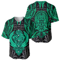 Two black and green tiki baseball jerseys shown side by side, V-neck, full-print fronts
