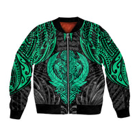 Unisex bomber jacket with black base and neon green abstract tiki print, zip front