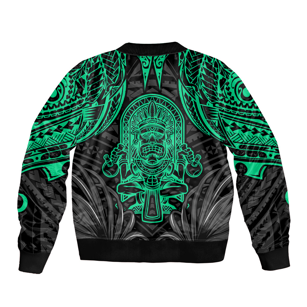 Unisex bomber jacket, black with neon green tiki back print and ribbed hem, no hood