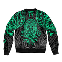Unisex bomber jacket, black with neon green tiki back print and ribbed hem, no hood