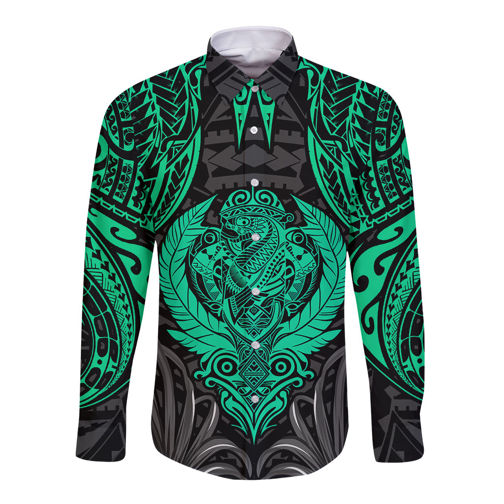 Long sleeve button shirt with teal tiki graphic on black, open collar