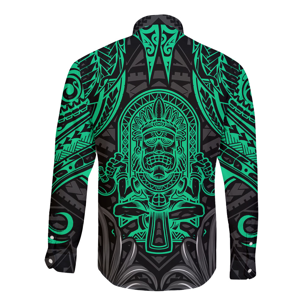 Long sleeve button shirt with centered teal tiki face crest on black, full print