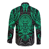 Long sleeve button shirt with centered teal tiki face crest on black, full print