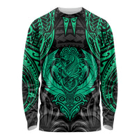 Unisex long sleeve tiki shirt, black with green abstract tribal print and central tiki emblem