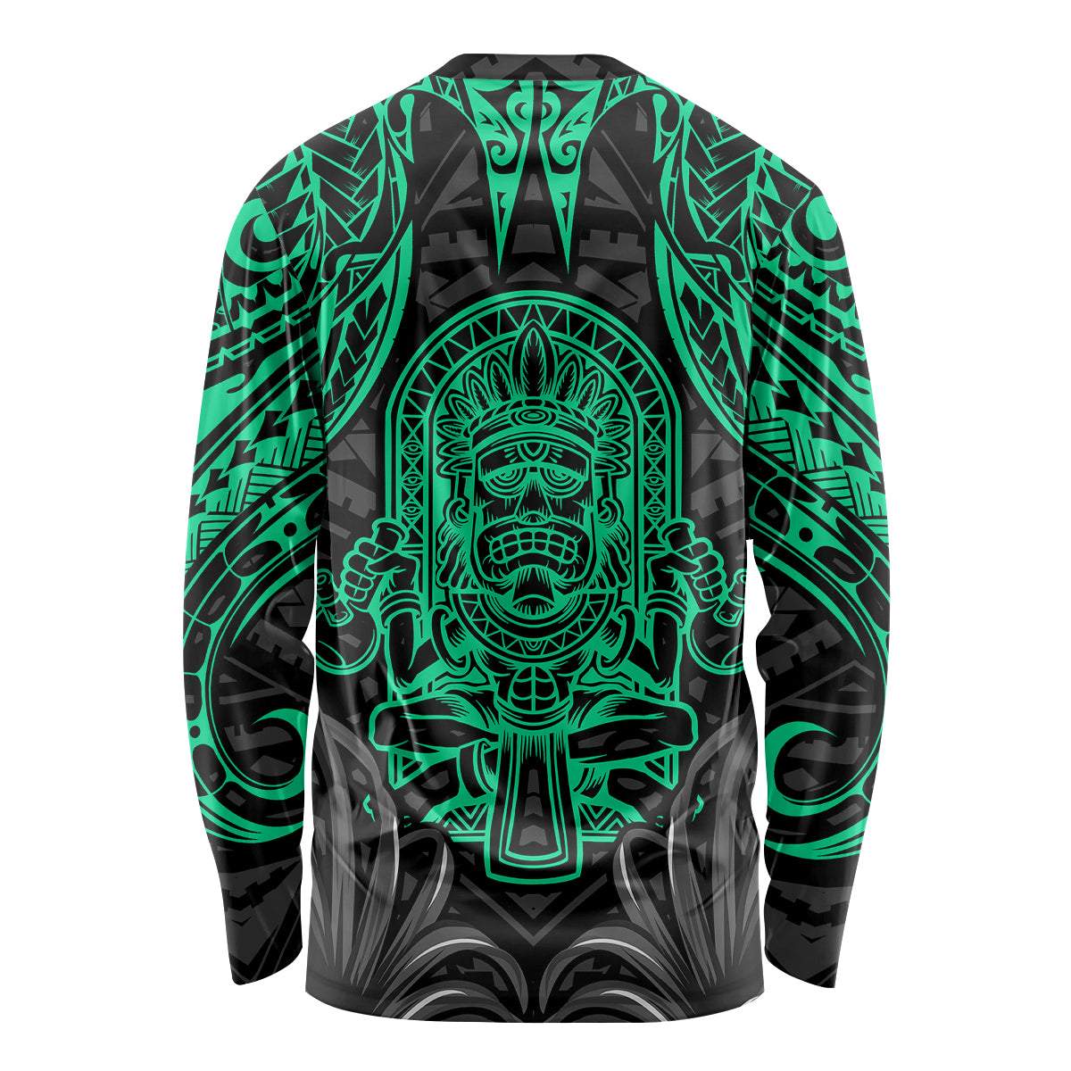 Unisex long sleeve tiki shirt, black with neon green guardian face graphic and sleeve patterns