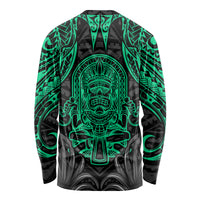 Unisex long sleeve tiki shirt, black with neon green guardian face graphic and sleeve patterns