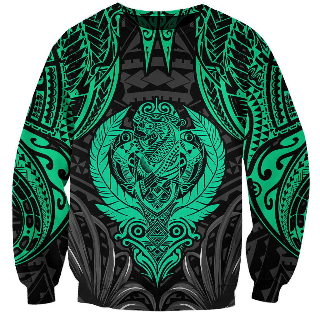 Unisex black sweatshirt with green Polynesian tiki face and laurel graphic