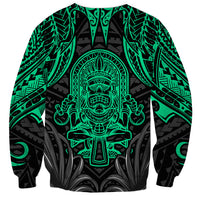 Unisex black sweatshirt with teal-green Polynesian tiki warrior and sword graphic