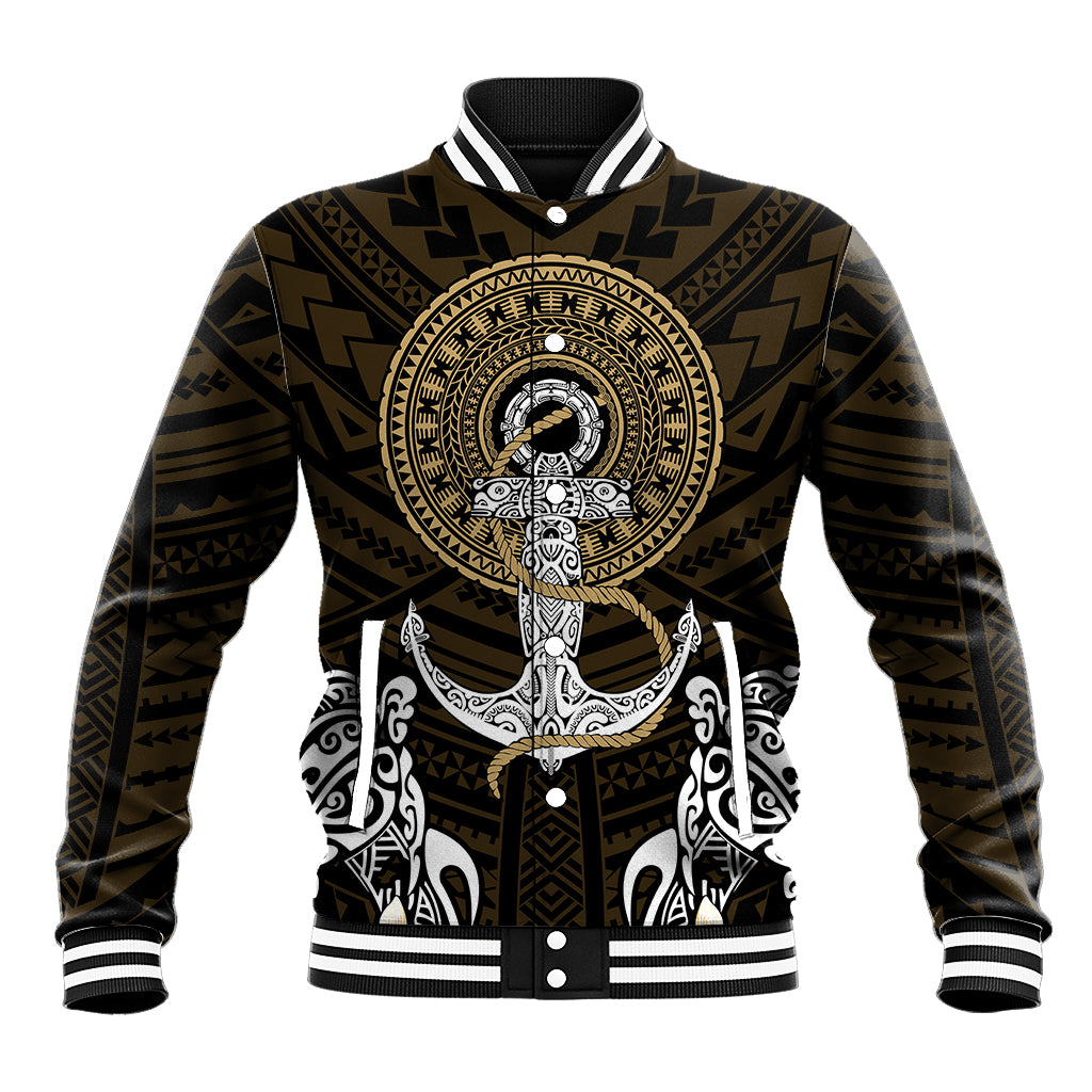Baseball jacket with tribal anchor emblem, swordfish print, button front, striped ribbed cuffs