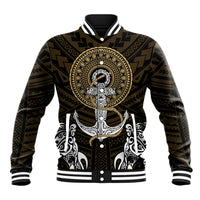 Baseball jacket with tribal anchor emblem, swordfish print, button front, striped ribbed cuffs
