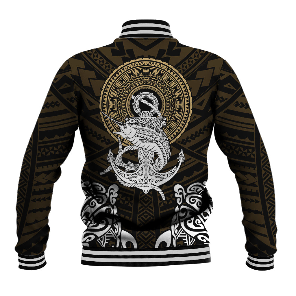 Unisex baseball jacket with tribal anchor and swordfish graphic, striped collar and cuffs