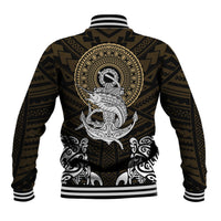 Unisex baseball jacket with tribal anchor and swordfish graphic, striped collar and cuffs