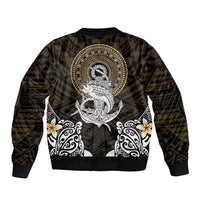 Dark bomber jacket with ribbed cuffs and large circular tribal animal graphic