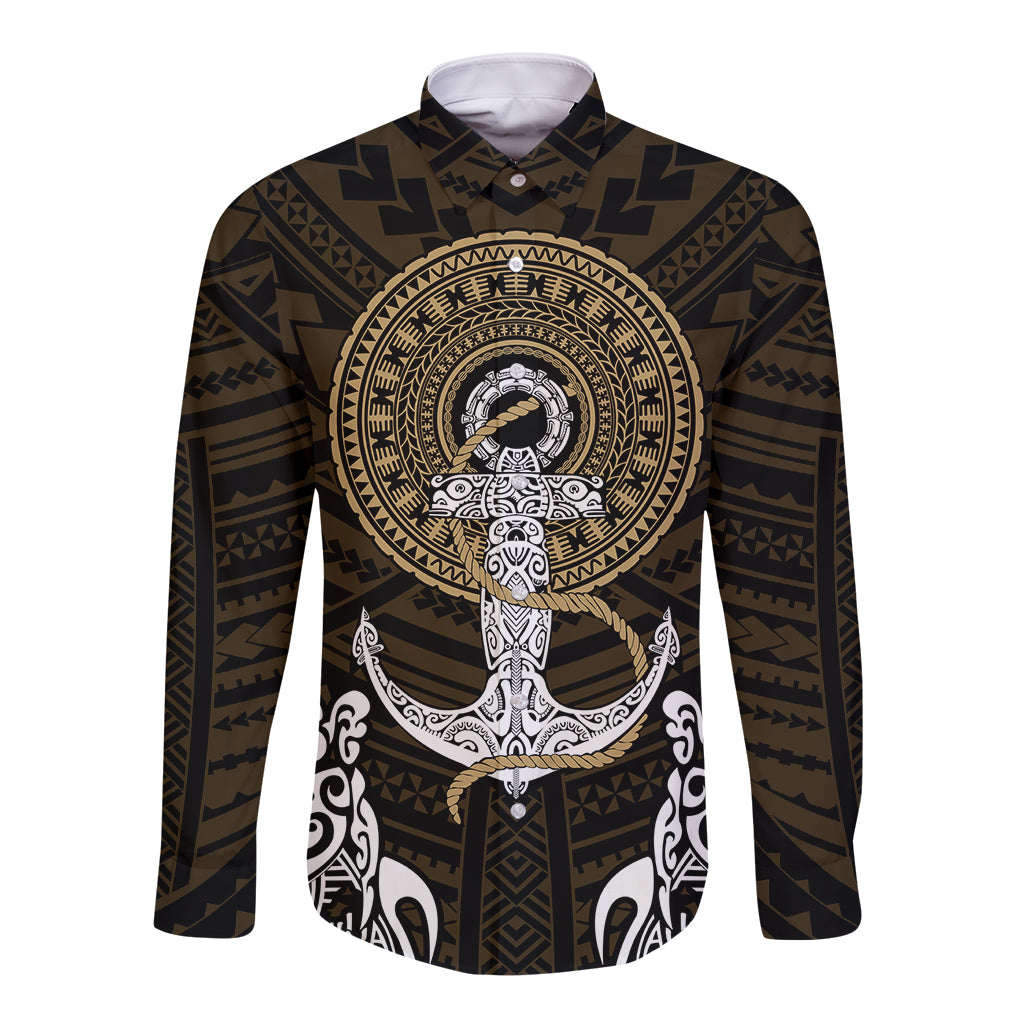 Long sleeve button shirt, dark brown with tribal anchor and turtle graphic; centered front