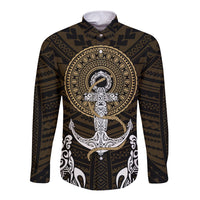 Long sleeve button shirt, dark brown with tribal anchor and turtle graphic; centered front