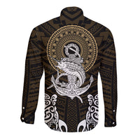 Long sleeve button shirt, dark brown with tribal anchor and turtle graphic; full sleeves