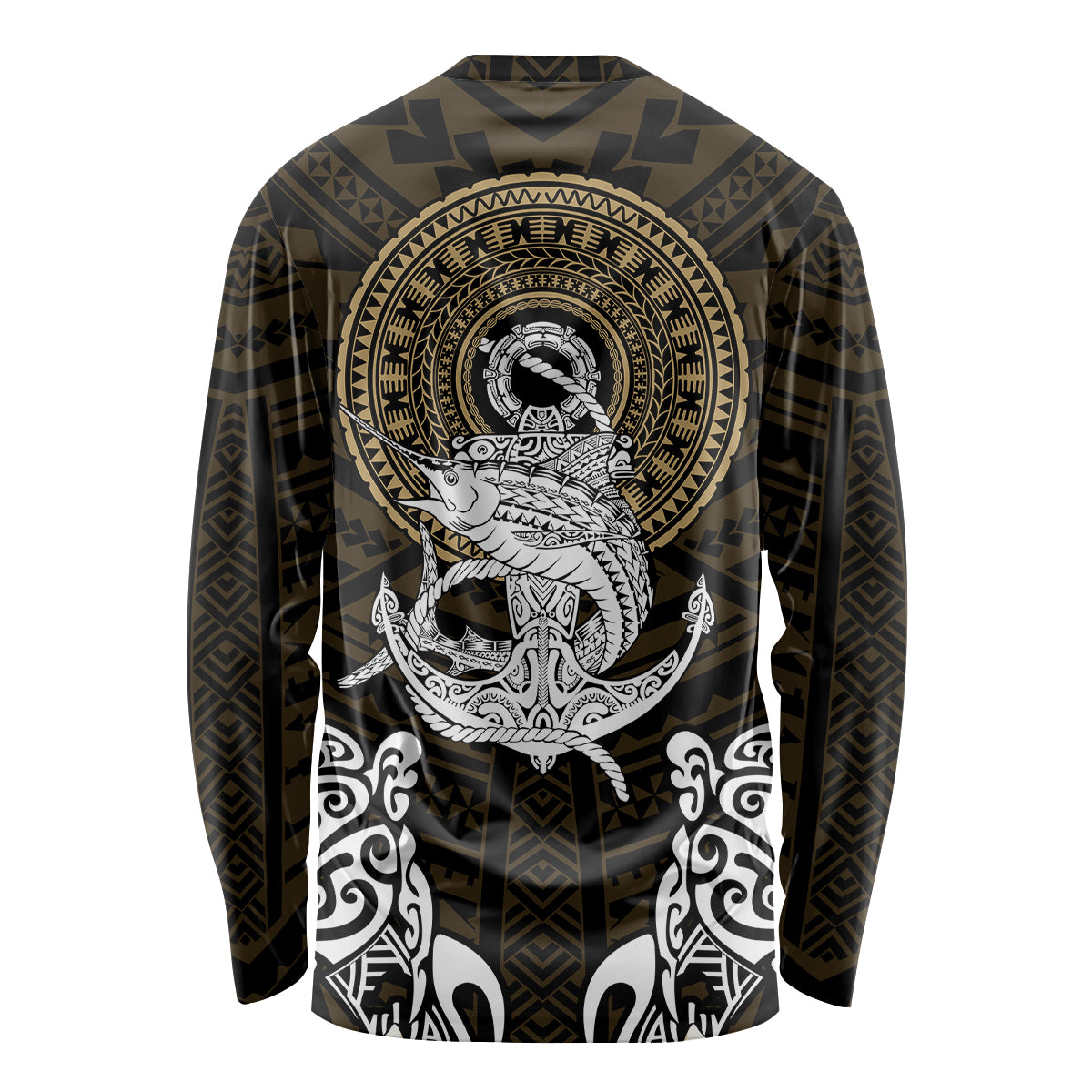 Long sleeve shirt with black tribal anchor and swordfish graphic, multicolor trim