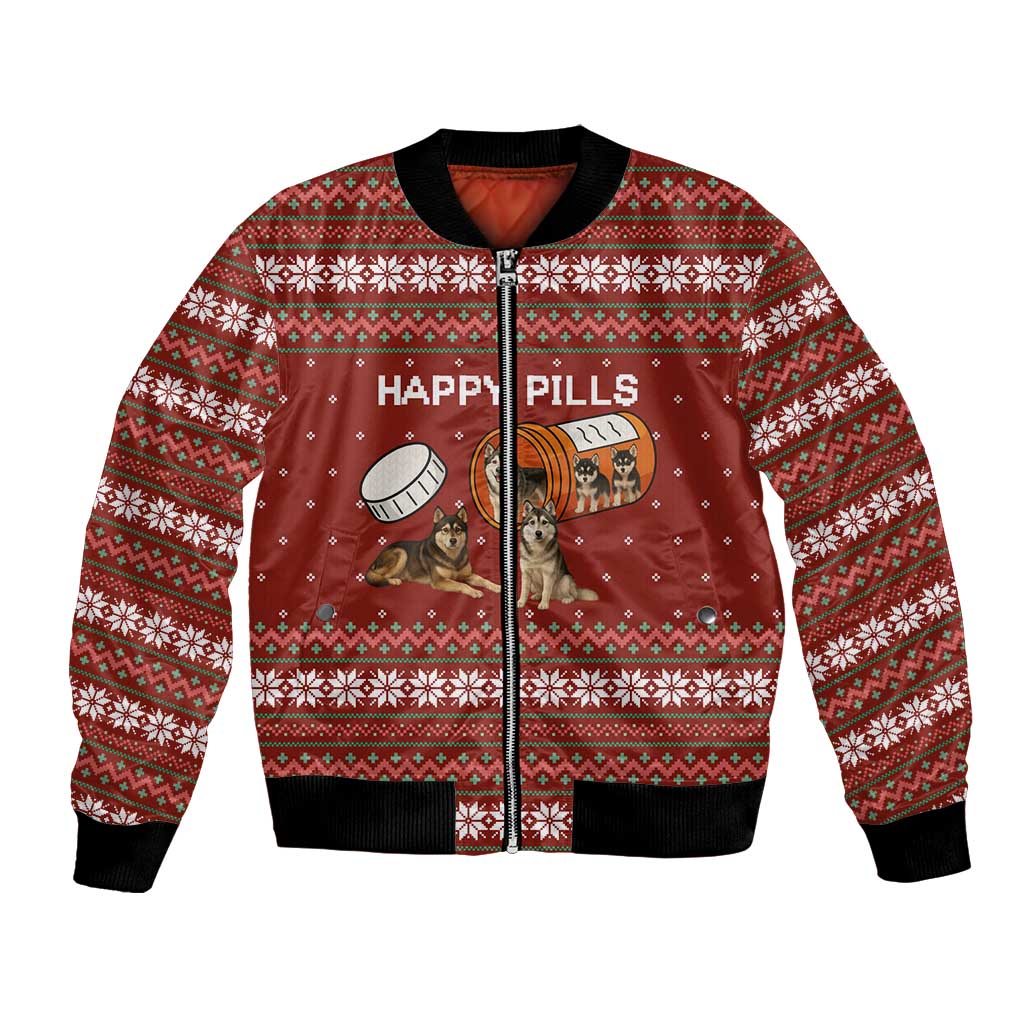 Merry Christmas Siberian Husky Dog Happy Pills Bomber Jacket Husky Dogs in Pill Bottle and Red Snowflake - undefined