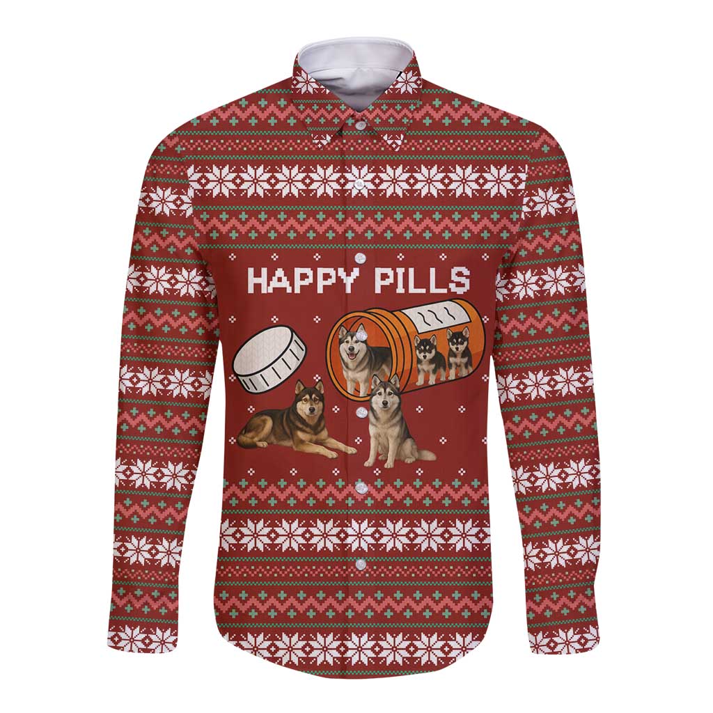 Merry Christmas Siberian Husky Dog Happy Pills Long Sleeve Button Shirt Husky Dogs in Pill Bottle and Red Snowflake - Wonder Print Shop