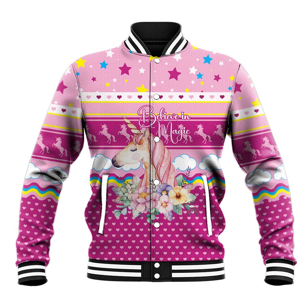 Unicorn Believe In Magic Christmas Baseball Jacket with Believe in Magic Quote Pink Hearts Stars and Rainbow - Wonder Print Shop