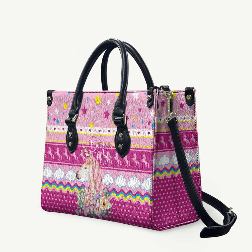 Unicorn Believe In Magic Christmas Leather Bag with Believe in Magic Quote Pink Hearts Stars and Rainbow - Wonder Print Shop